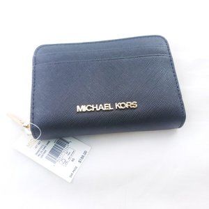 Michael Kors Womens Jet Set Travel Black Leather Credit Card Zip Around Wallet